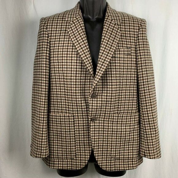 Kanebo Wool Blazer Jacket Brown Checkered Pockets Lined Hipster Notch Lapel - Picture 2 of 5